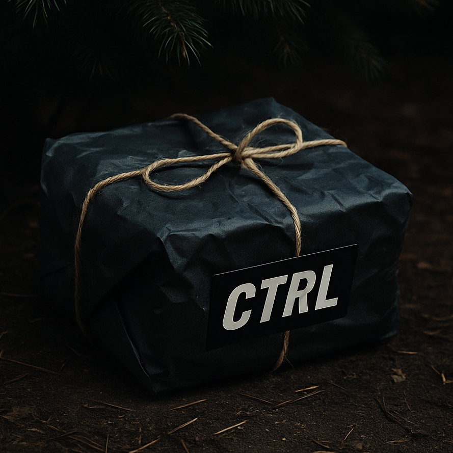Darkly wrapped gift with 'CTRL' label against a dark background